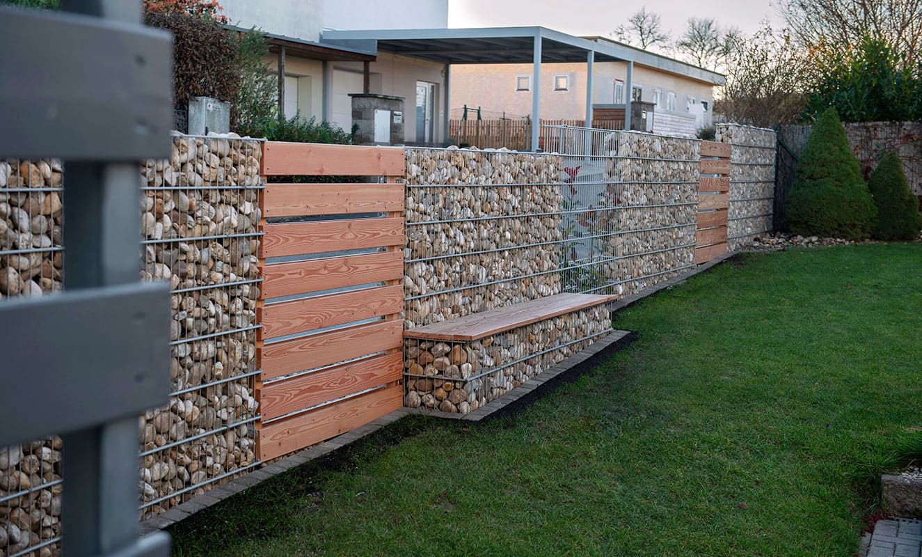 gabion bench by the fence
