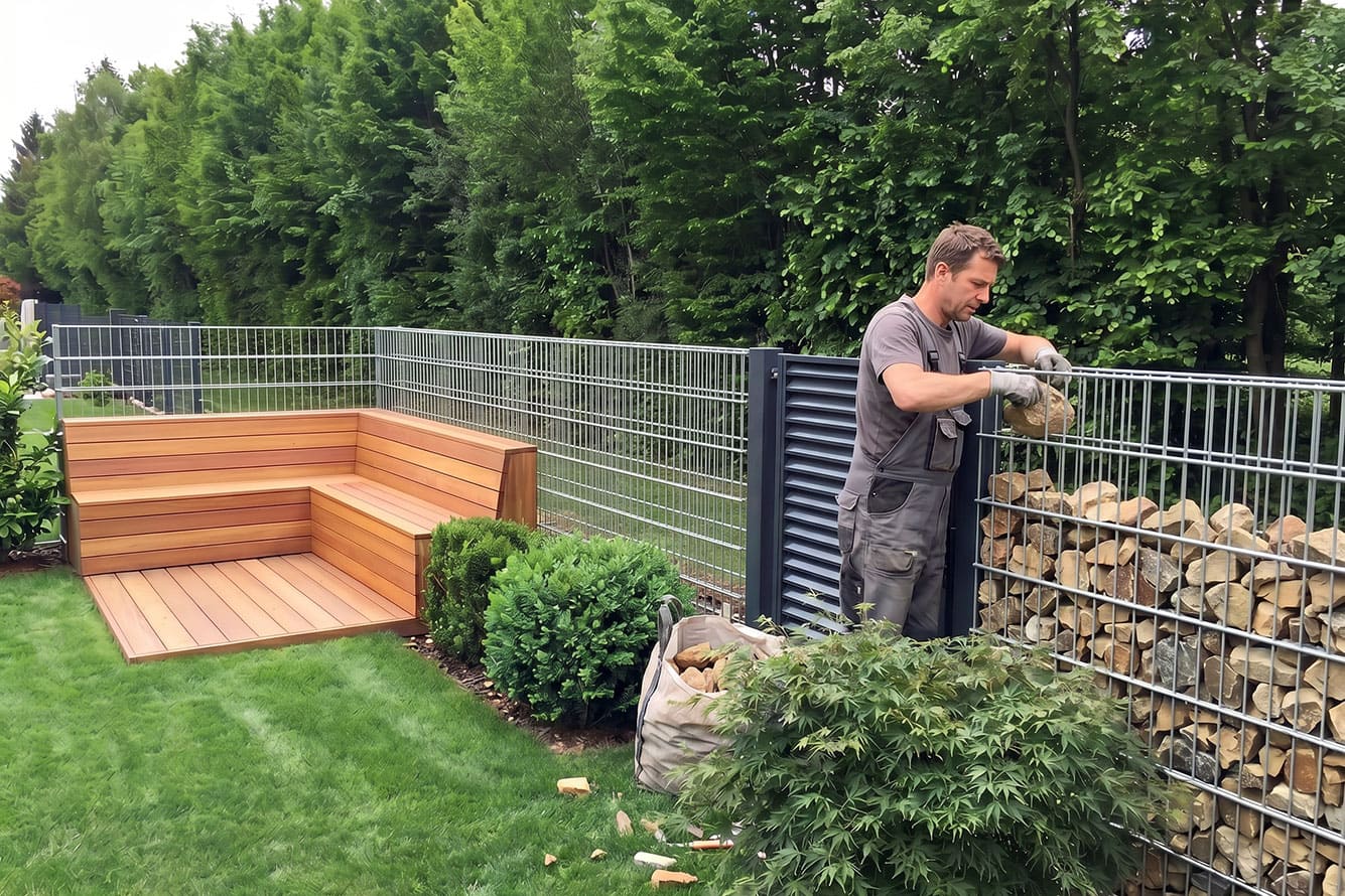 installation of a stone gabion fence