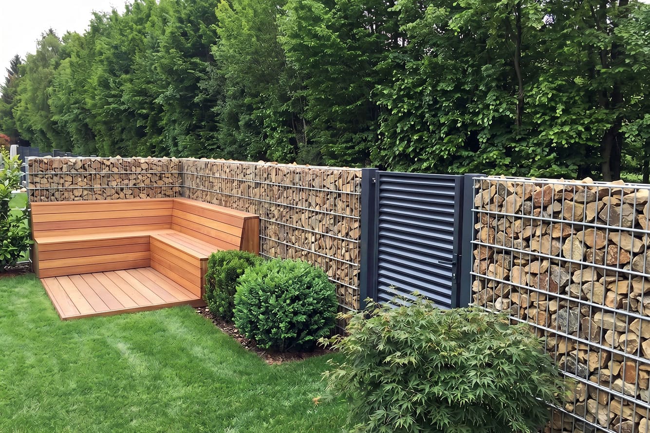 stone fence created using a gabion system