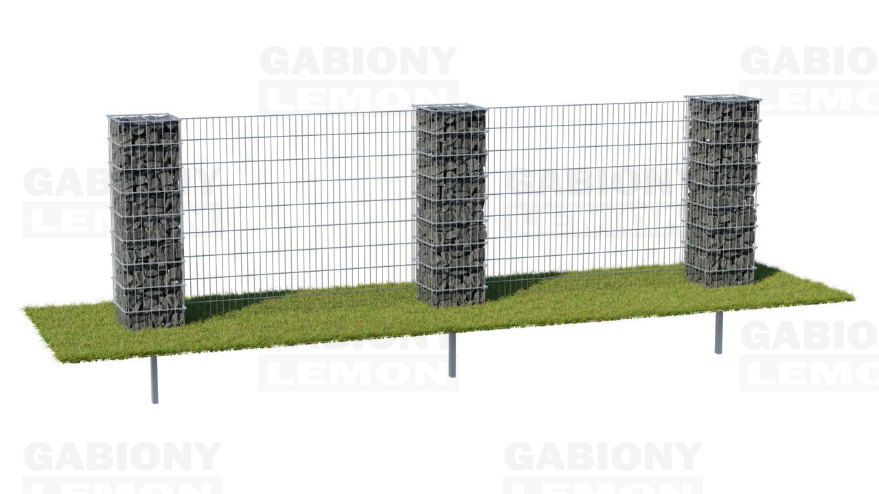 gabionové stĺpiky s 2D plotovými panelmi až po zem